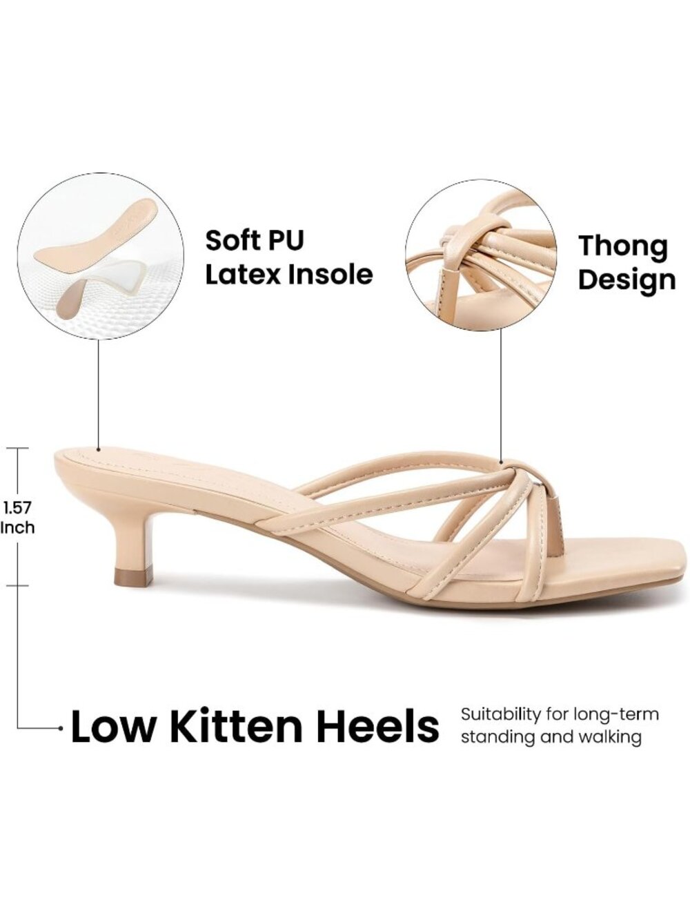 Athlefit Women's Nude Polyurethane Kitten Square Toe Strappy Flip Flop Low Heel - Picture 4 of 6